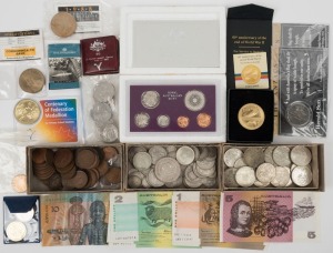 An accumulation including Australian half-pennies, pennies (noted 1925), various 3d, 6d, 1/- and 2/- pieces in mixed condition, a 1937 Crown, 1966 50c (18), a 1977 Proof set, various $1 - $5 paper banknotes, 1988 $5 Parliament House (2), various other dec