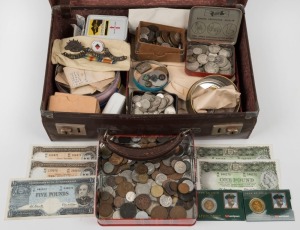 A small leather case containing mainly an accumulation of Australian pre-decimal coins to 2/-, a few banknotes to £5, a range of foreign (mainly GB and NZ noted) and a few military badges, pins, etc. Allow some time for this one!