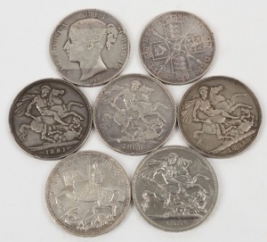 Great Britain - Coins: CROWNS: VICTORIA - GEORGE VI, 1847, 1888, 1889, 1891, 1895, 1935 and 1951, mixed condition, (7).