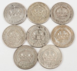 George VI Crowns, 1937 (3) and 1938, (5) VF/EF. (Total: 8).