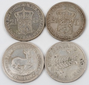 Netherlands - Coins: 1932 and 1933 Wilhelmina 2½ gulden, New Zealand 1949 Crown and South Africa 1948 Crown, VF/EF, (4 coins).