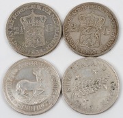 Netherlands - Coins: 1932 and 1933 Wilhelmina 2&frac12; gulden, New Zealand 1949 Crown and South Africa 1948 Crown, VF/EF, (4 coins).