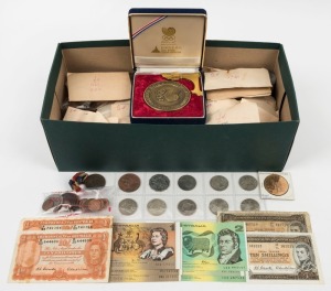 Coins - Australia: An accumulation in a shoebox (Size 10½), including Half-pennies, Pennies, some silver, a few banknotes and various other odds including a 1936 Edward VIII fantasy Crown proof. Will take time to view as a lot of the coins are in seed envelopes.