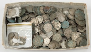 Coins - Australia: Approx. 1.2kg of pre-decimal silver and cupro-silver coins; many affected by verdigris but should clean up nicely.