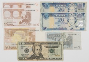 Small group comprising FIJI $20 (2 different), 2002 Euro banknotes 5eu, 10eu (2) & 50eu; USA $20. (Total: 7).