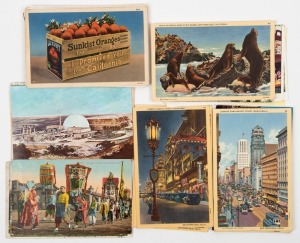 Postcards: UNITED STATES - WEST COAST: A collection featuring street and bird's-eye views of prominent cities, life in San Francisco's Chinatown, ice caves in Mount Rainier National Park, early Walt Disney souvenir postcards, Thomson Pass Alaska, and several cards with WW2-era censorship marks. (Total: 30; 15 unused; 15 used)