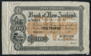 BANK OF NEW ZEALAND, Five Pounds sterling, Wellington, (19- printed), discordant numbers No.980001 - No.1000000, printed both sides, officially perforated 'CANCELLED', imprint of Bradbury Wilkinson & Co.Ld. Engravers & c. London, '22.6.15' handwritten in ink at top left and with perforated counterfoil still attached. Uncirculated.