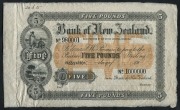 BANK OF NEW ZEALAND, Five Pounds sterling, Wellington, (19- printed), discordant numbers No.980001 - No.1000000, printed both sides, officially perforated 'CANCELLED', imprint of Bradbury Wilkinson & Co.Ld. Engravers & c. London, '22.6.15' handwritten in 