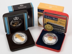 2003 $10 Sydney Mint Pattern Proof coin with gold plating; 2005 $10 Sydney Mint Sesquicentenary Proof coin with gold plating; both with certificates in original cases of issue. (2).