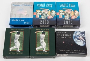 FIVE DOLLAR Proof coins in original presentation boxes: 1992 Year of Space, 1996 Bradman (2), 2001 Finale Coin, and 2003 Finale Coin (2). (Total: 6).