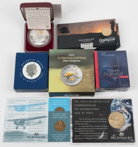 Various items incl. 1999 $1 Majestic Images Proof; 1996 $2 (2 oz) Kookaburra Perth Mint Proof with Ducat Privy Mark; 2003 50c Coronation Anniversary Proof; 2005 $1 Selectively Gold Plated Silver Kangaroo; plus various $1 issues on cards Unc and a 1992 $5 Year of Space Unc. (Total: 16 items).