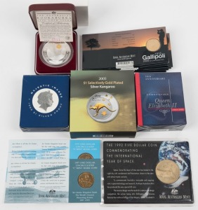 Various items incl. 1999 $1 Majestic Images Proof; 1996 $2 (2 oz) Kookaburra Perth Mint Proof with Ducat Privy Mark; 2003 50c Coronation Anniversary Proof; 2005 $1 Selectively Gold Plated Silver Kangaroo; plus various $1 issues on cards Unc and a 1992 $5 