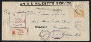 Kangaroos - First Watermark: June 1914 usage of 4d Orange, perforated Large OS, attractively tied on OHMS registered cover from PERTH and addressed to Cottesloe Beach; with D.L.O. markings as well as COTTESLOE cds. The original contents, a letter regardin