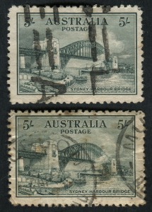 1932 5/- green Sydney Harbour Bridge, (2) commercially used, both with small faults.