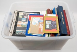 Australian and foreign stamps and covers in a large storage tub; some in albums. Needs sorting.
