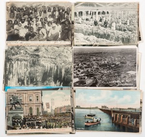 Postcards: SOUTH AUSTRALIA: A collection of photographic postcards featuring bird's-eye views of towns and cities, aboriginal subjects, ceremonies including the official opening of Adelaide's electric tram system and a parade reception for the crews of three Japanese warships, wool industry scenes, lighthouses and piers, trains, etc. Publishers include Donald Taylor, H.G. Bevilaqua, C.A.Pitt, Robert Jolley, J.J. Jones, J.H. Secombe, A.J. Nethway, etc.(Total: 56; 36 unused; 20 used)