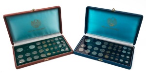 THAILAND: Two presentation collections (each of 32 coins), circa 1963, created on the occasion of King Bhumibol's 36th Birthday; both in silk lined cases from the "Royal Thai Mint" and one with a silver engraved plaque affixed to the lid "A Token of Friendship / signature / Minister of Finance, Kingdom of Thailand". (2 sets).