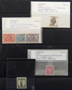 1913 - 1965 collection in a Hagner album. Noted KGV Heads */**/0, with some varieties noted and including OS perfins and overprints; commems incl Anzac, Jubilee, etc.; Arms set, some later Imprints incl AIF in pairs; Navs to £1, etc. (qty).