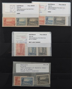 Kangaroos and other pre-decimal issues in a Hagner album. Includes a range of Mint Roos to 2/-, 5/- Roos (3) Used, Specimen set, Macarther sets, 1/6 Hermes, Victorian Centenary, NSW, KGVI defins to £1, some blocks to 5/-. etc. Mixed condition. (qty).