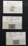 Kangaroos and other pre-decimal issues in a Hagner album. Includes a range of Mint Roos to 2/-, 5/- Roos (3) Used, Specimen set, Macarther sets, 1/6 Hermes, Victorian Centenary, NSW,&nbsp;KGVI defins to &pound;1, some blocks to 5/-. etc. Mixed condition. (qty). - 2