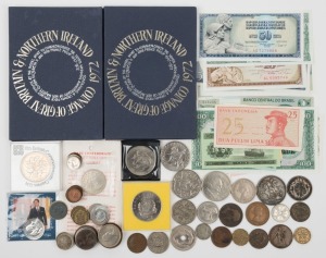 A small accumulation comprising mainly G.B. and British Commonwealth coins, plus a small range of foreign coins and banknotes. (qty).