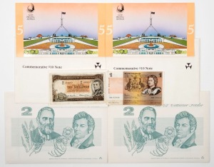 1985 $2 Final Banknote in Collector Folder (2), 1988 $10 Commemorative Note in Folder (2), 1992 $5 First & Last Folders (2), plus a 10/- (poor) and two $1 notes (F-EF). (9 items).