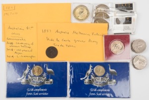 1967 10c (10) Unc., 1984 $1 (2),  various other 50c & $1 issues; 1988 $5 Parliament House (4),1995 $1 Perth Mint 1oz Kookaburra (in capsule), Also, an 1857 Hide & De Carle ½d token.