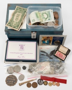 Greek coins and banknotes, United Kingdom 1983 Proof set and other British coins and banknotes, 1989 Canada Unc set, some other pieces incl. non coin items. All held in a metal deed box.