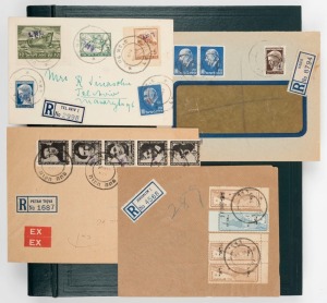 ISRAEL - Postal History: INTERIM PERIOD: An album containing a collection of mainly REGISTERED covers bearing the overprinted or handstamped KKL labels used during this period. Despatches noted from Jerusalem, Haifa, Petah Tiqva, Tel Aviv, Benei Beraq, Ri