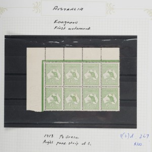 Kangaroos - First Watermark: ½d - 5/- collection in album. Includes ½d and 1d blocks and used pairs, some with varieties noted; 2d Used incl. strips; 2½d M & U; 3d U singles incl one with Inverted wmk; 4d M, U & CTO; 5d M, U & CTO; 6d M & U; 9d M & U; 1/-