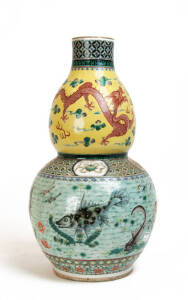A large chinese double gourd vase decorated with dragons and aquatic animals in enamels and iron red, 20th century, 41cm high