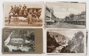 Postcards: TASMANIA - LAUNCESTON & SURROUNDS: A collection of photographic postcards featuring street and bird's-eye views of Launceston, horse-drawn carriages, public parks, geological formations, Cataract Gorge during flooding, bridges, rivers, waterfal