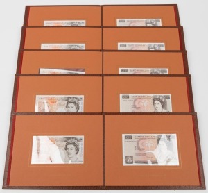 1992 Bank of England £10 Series "D" of 1975 in a presentation folder with the new £10 Series "E", Uncirculated. (2 notes). Five complete folders. (5).