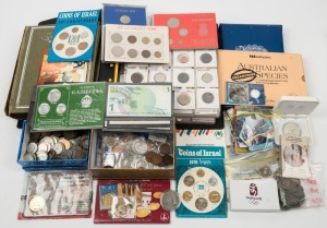 An accumulation of AUSTRALIAN, BRITISH COMMONWEALTH & WORLD coins in a large album; various uncirculated (and similar) sets on cards, and some loose incl. banknotes. Also noted a 1977 Jubilee stamp collection and some cigarette cards in an old-time album.