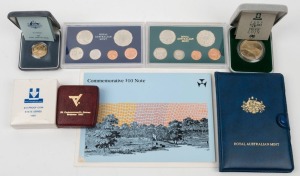 1981, 1982 and 1985 Proof Coin sets; a 1984 $1 Proof; 1982 & 1985 $10 Proofs; 1988 $5 Parliament Proof; and a 1988 $10 Commemorative banknote on folder. (8 items).
