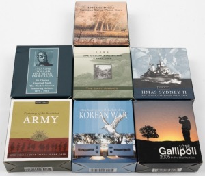 ONE DOLLAR fine silver Proofs: 1995 Waltzing Matilda, 1997 Kingsford Smith, 1999 The Last Anzacs, 2000 HMAS Sydney II, 2001 Army, 2003 Korean War and 2005 Gallipoli. (Total: 7) in original presentation boxes.