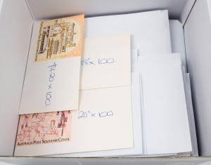 POSTAGE: An accumulation in a small carton; each denomination counted and in a separate envelope. 18c - $2.45, with the largest quantities noted being 45c (1250) and 50c (1250). Total Face Value: $1833. Full list available on request.