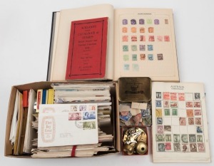 Mainly Australian FDCs and a World Stamp collection in a large box, together with a 1938 Ackland Stamp Catalogue.