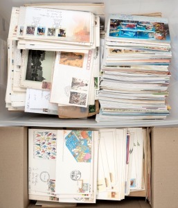 A large accumulation of FDCs, postal stationery items and some commercial mail; mainly Australian; in a large storage tub and a carton. Fantastic source of FU stamps, if nothing else. Huge FV. (qty).