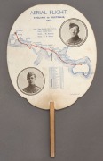 The Ross & Keith Smith Flight - England to Australia: A souvenir advertising fan produced by John Martin & Co. Ltd. (Adelaide Department store), thefront depicting a map of the route flown, the Smith brothers, the dates of their stops and the names of the