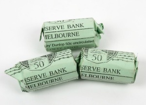 1995 "WEARY DUNLOP" FIFTY CENTS, 3 complete Rolls in Reserve Bank paper. (60).