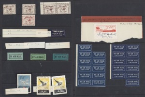 AIRMAIL LABELS & VIGNETTES: An accumulation in 2 albums with official Post Office issues, aviation company and publicity issues. Noted 1920 "Herald" labels (4), red "PALS" label (1), 1925 "Angel" vignette (sheetlet of 15), 1937 Airmail Exhibition sheetlet