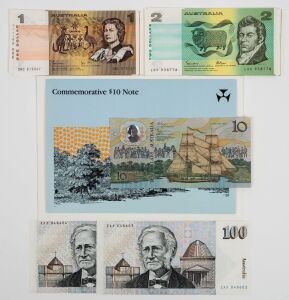 ONE HUNDRED DOLLARS, Johnston/Stone (1984) (R.608), ZAF 048603/604, consecutive pair of banknotes, (2), Unc. Also, $1 (R.78) x 12 and $2 (R.89) x 10, and a 1988 commemorative $10 in folder. EF/Unc.