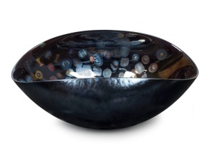 YALOS Murano iridescent glass bowl with murines, acid etched mark to base, with original label, ​​​​​​​13.5cm high, 32cm wide