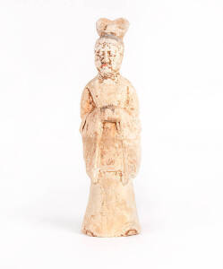 A large Chinese grey pottery tomb figure of an official, traces of red and black pigment, Tang Dynasty 618-907, 45cm high