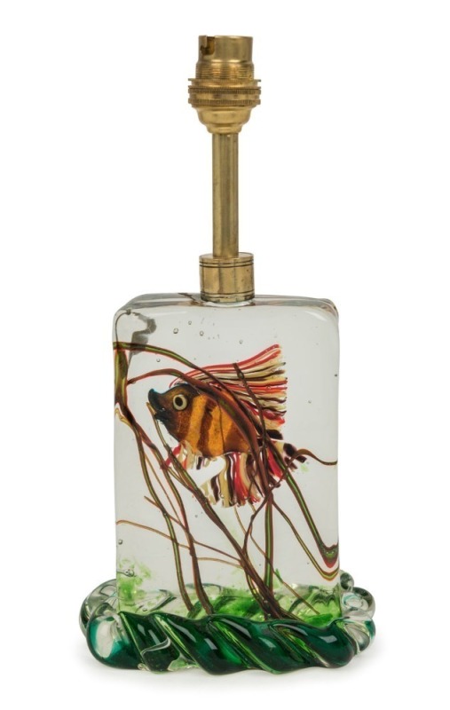 CENEDESE Murano "Aquarium" glass fish block lamp base, by ALFREDO BARBINI, ​​​​​​​30cm high overall