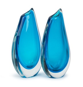 SEGUSO pair of blue sommerso Murano glass vases, one with remains of original foil label, 21cm high.