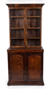 An antique English burr walnut bookcase of petite proportions 19th century, 199cm high, 90cm wide, 47cm deep