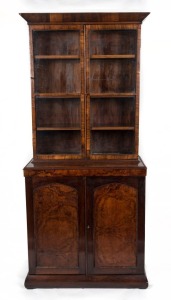 An antique English burr walnut bookcase of petite proportions 19th century, 199cm high, 90cm wide, 47cm deep