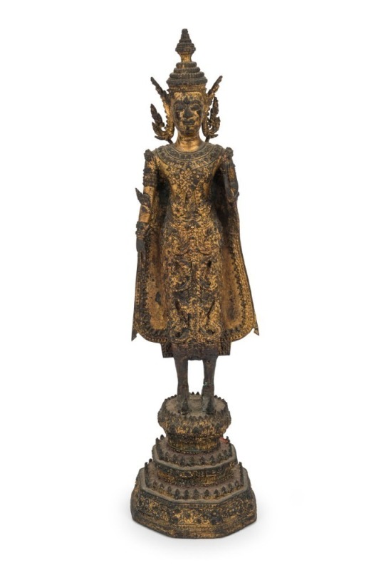 Antique Burmese standing Buddha statue, cast bronze with remains of original gilt finish, 19th century or earlier,  ​​​​​​​33cm high